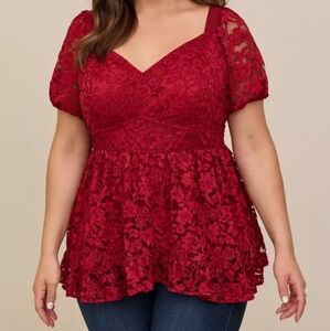 Torrid Red Lace Sweetheart Neckline Puff Sleeve Babydoll Blouse